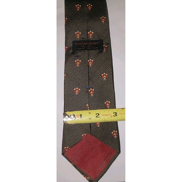 YSL Gray Red‎ Neck Tie Silk Handmade Italy Yves Saint Laurent Necktie - Picture 3 of 4